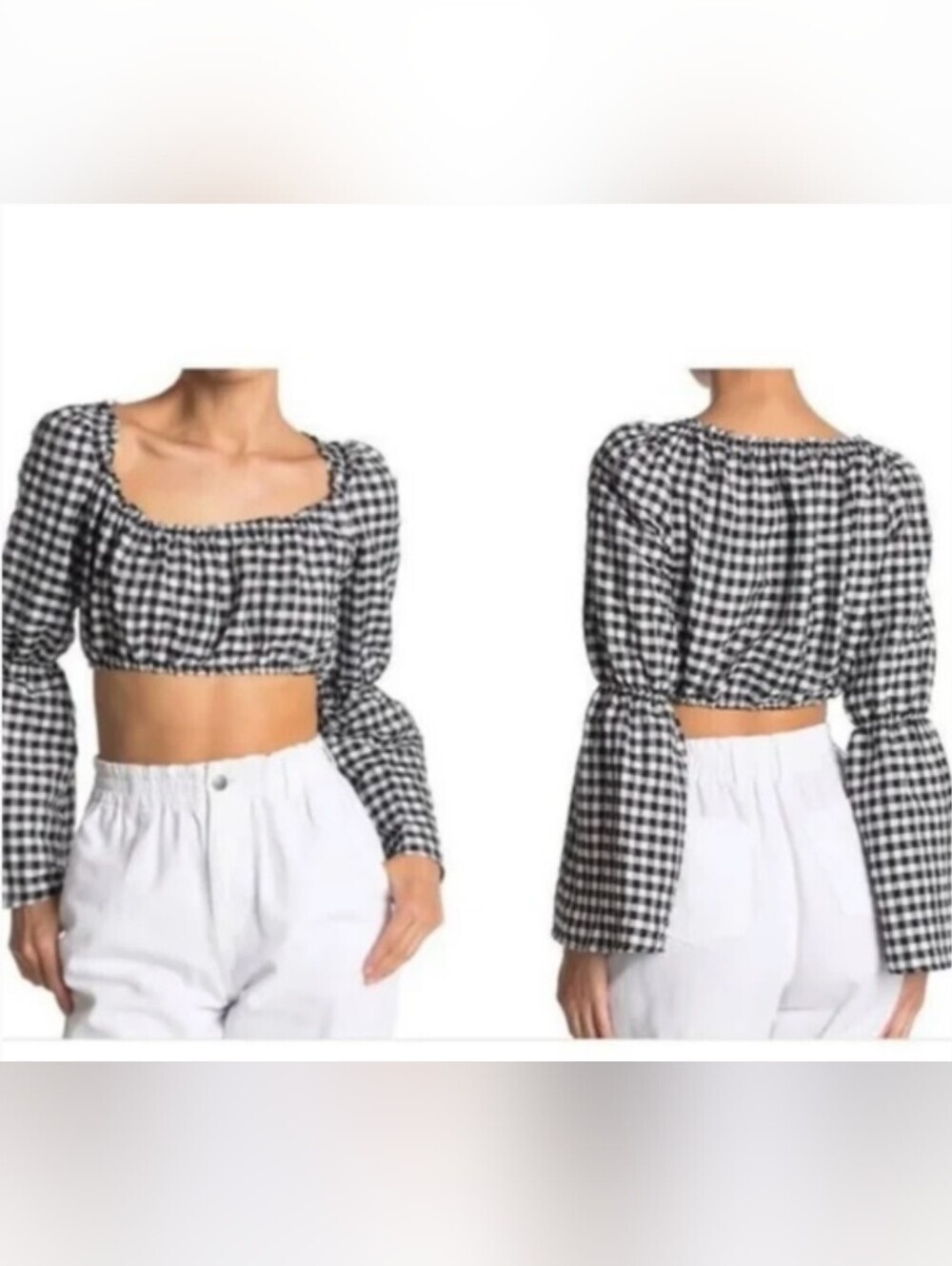 Topshop Black & White Gingham Smocked Puff-Sleeve Crop Top